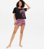 New Look Tall Black Short Pyjama Set with Leopard Logo Print